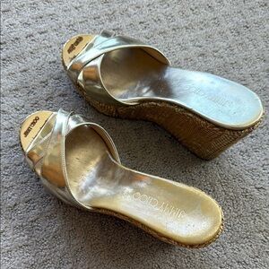 Jimmy Choo Gold Wedge Sandals with Metallic Finish